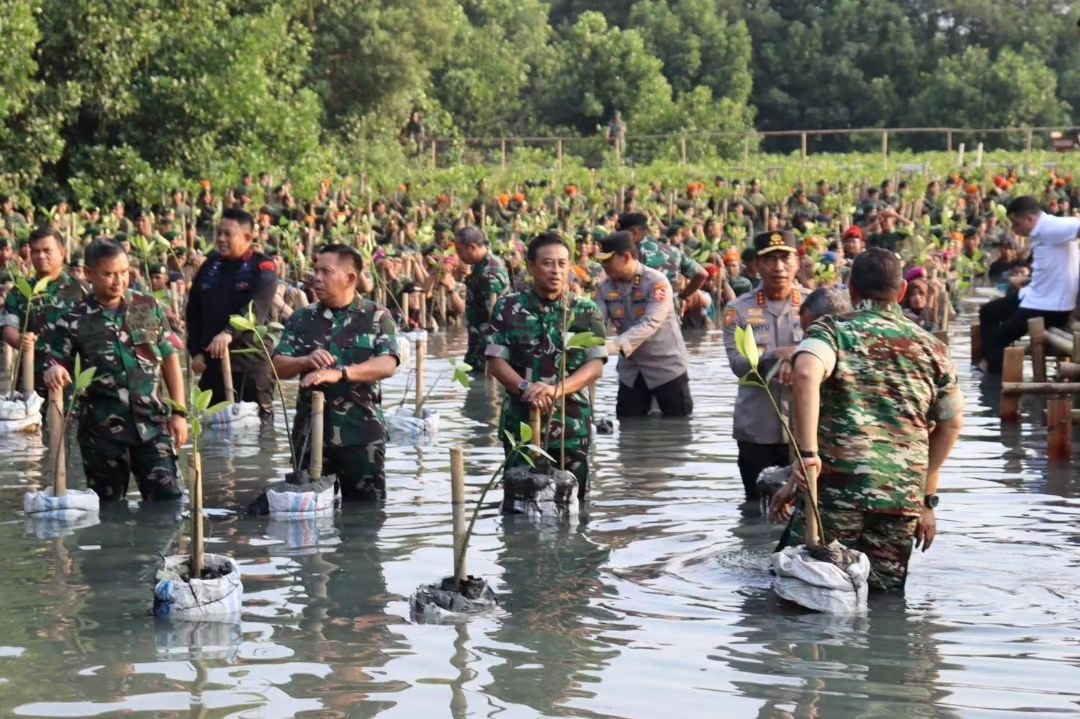 PANGKOGABWILHAN I Laksdya TNI Irvansyah S.H., CHRMP., M.Tr.Opsla. Turut serta penanaman mangrove serentak jajaran TNI seluruh Indonesia oleh presiden Republik Indonesia